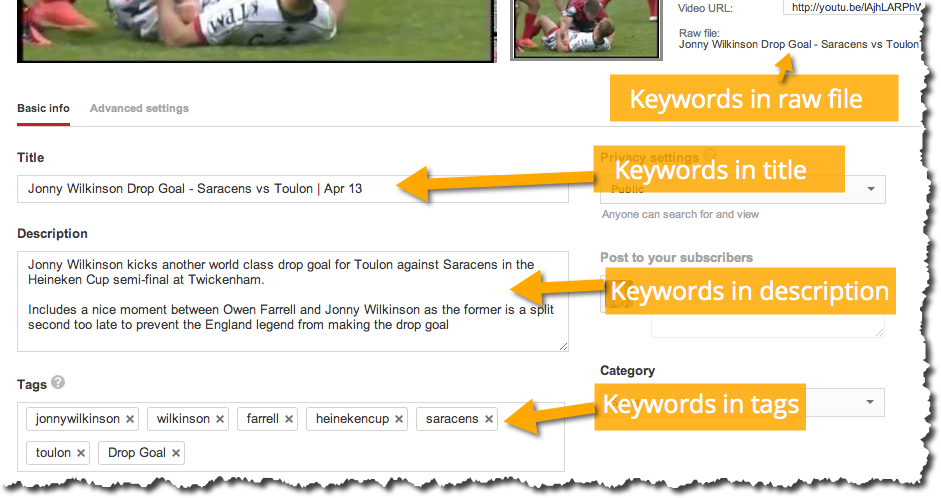 Inserting keywords into a YouTube video for SEO