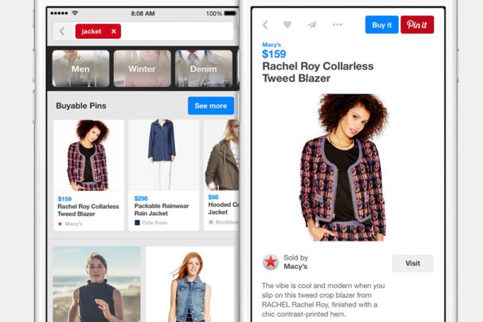 Two mobile phone images displaying woman in tweed coat and social media shoppable pins on Pinterest