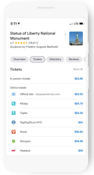 Google Ticket Booking Links