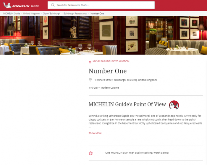 Michelin Guide Entry For Number One in Edinburgh