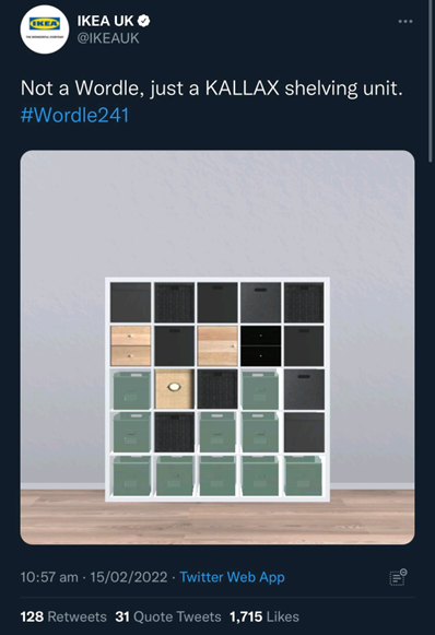 A tweet from @IKEAUK with an image of a KALLAX shelving unit and the caption "Not a Wordle, just a KALLAX shelving unit #Wordle241" 