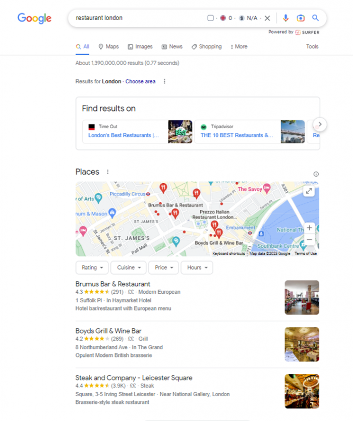 Google Search results for the term 'restaurant london'. 