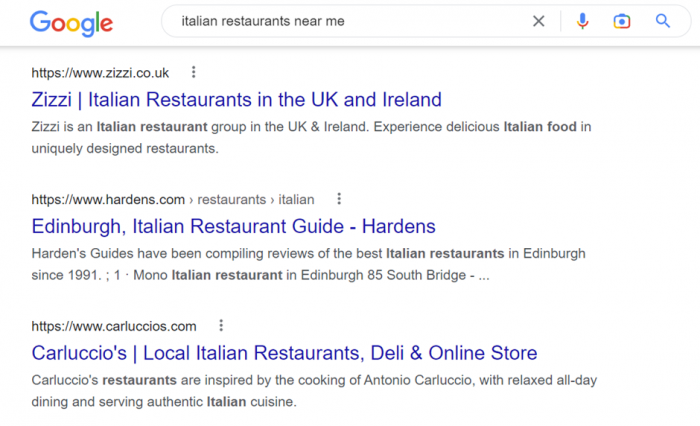 Google search for 'italian restaurants near me'. 