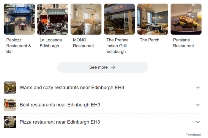 Google Featured Snippet result for 'italian restaurants near me'. 