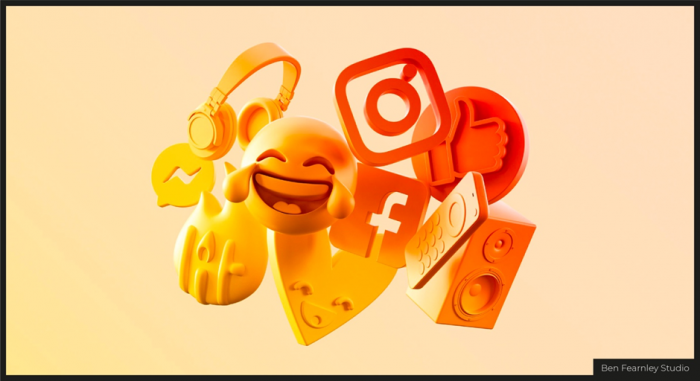 Social Media logos including Facebook and Instagram as well as emojis which have been made using 3D design elements