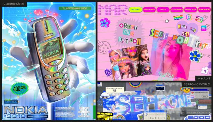 Y2K images including a Nokia 3310, Bratz dolls, and a retro desktop computer screen.
