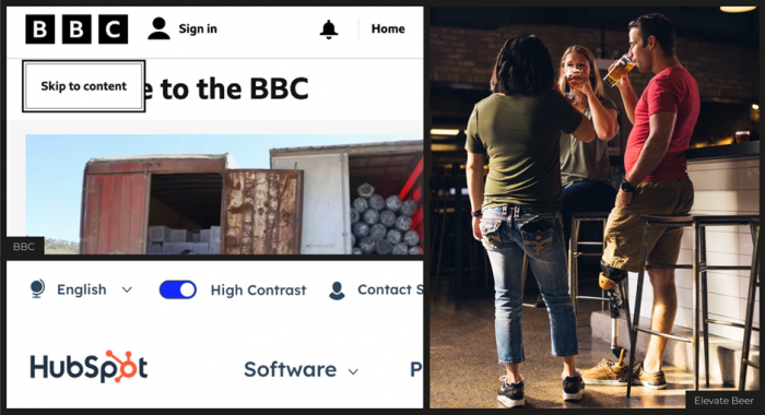 Example of the ‘skip to content’ feature, which allows keyboard users to bypass extensive menus
 
Example of a ‘high contrast’ setting which makes viewing easier for those with visual impairments
 
Inclusive imagery that shows diverse groups of people in everyday life