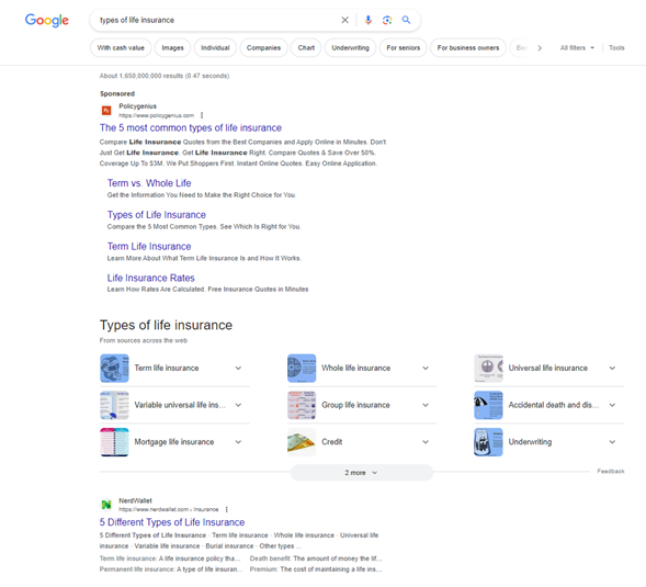 Current informational search for types of life insurance on Google SERP