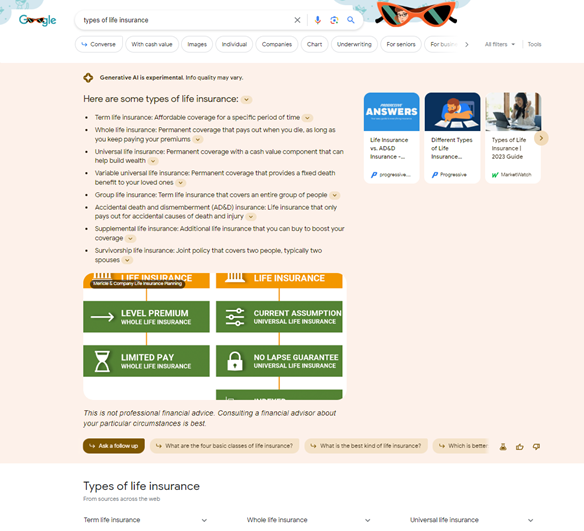 SGE informational search for types of life insurance on Google SERP