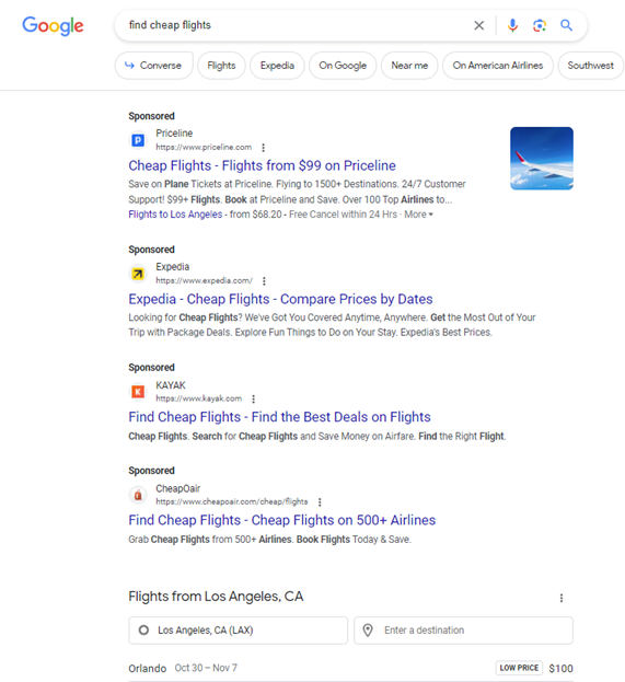 SGE transactional search for find cheap flights on Google SERP