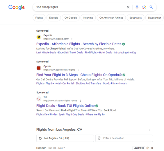 Current transactional search for find cheap flights on Google SERP