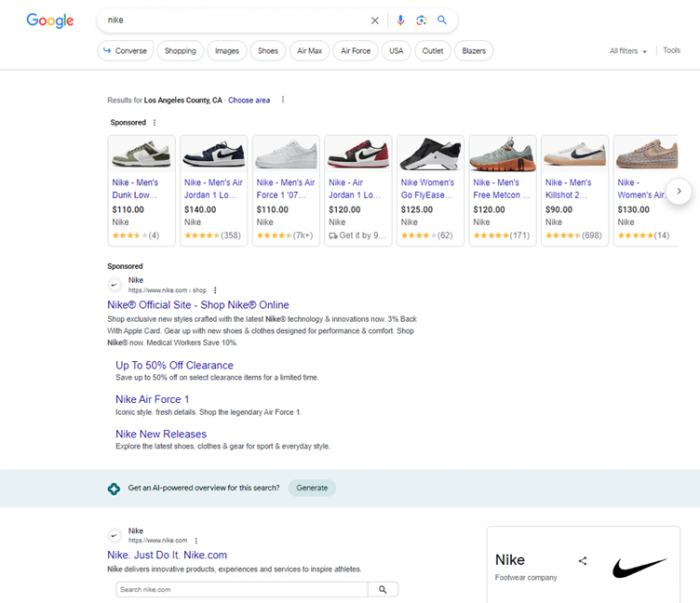 SGE branded search for Nike on Google SERP