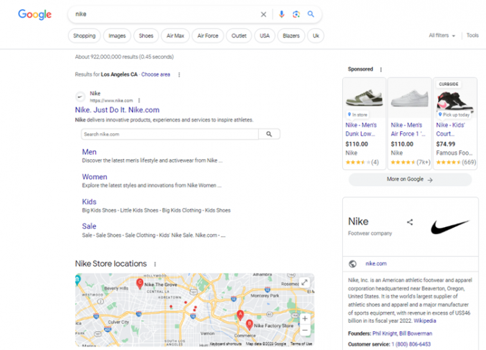 Current branded search for Nike on Google SERP