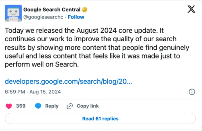 Screenshot of Google Search Central X post detailing that the August 2024 core update has been released.